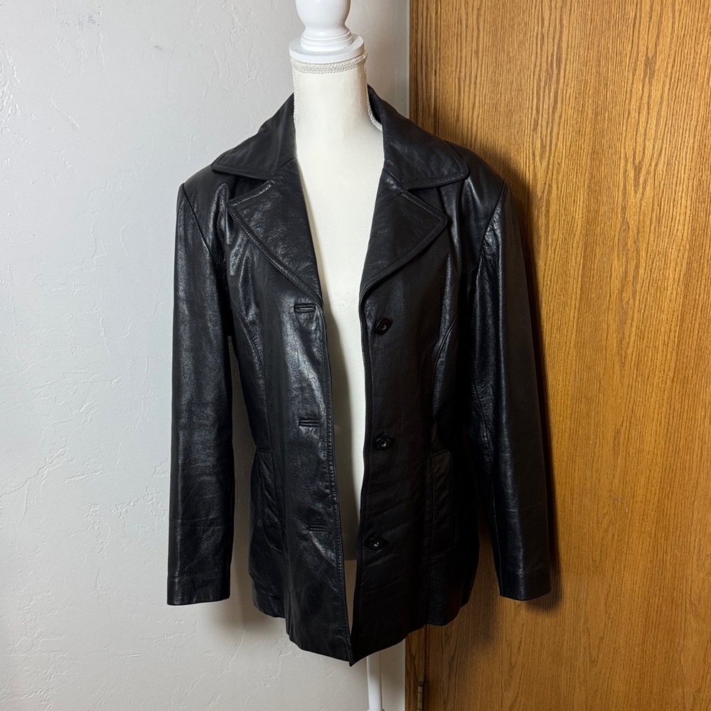 Maxima by Wilsons button down black leather jacket M - Picture 2 of 12